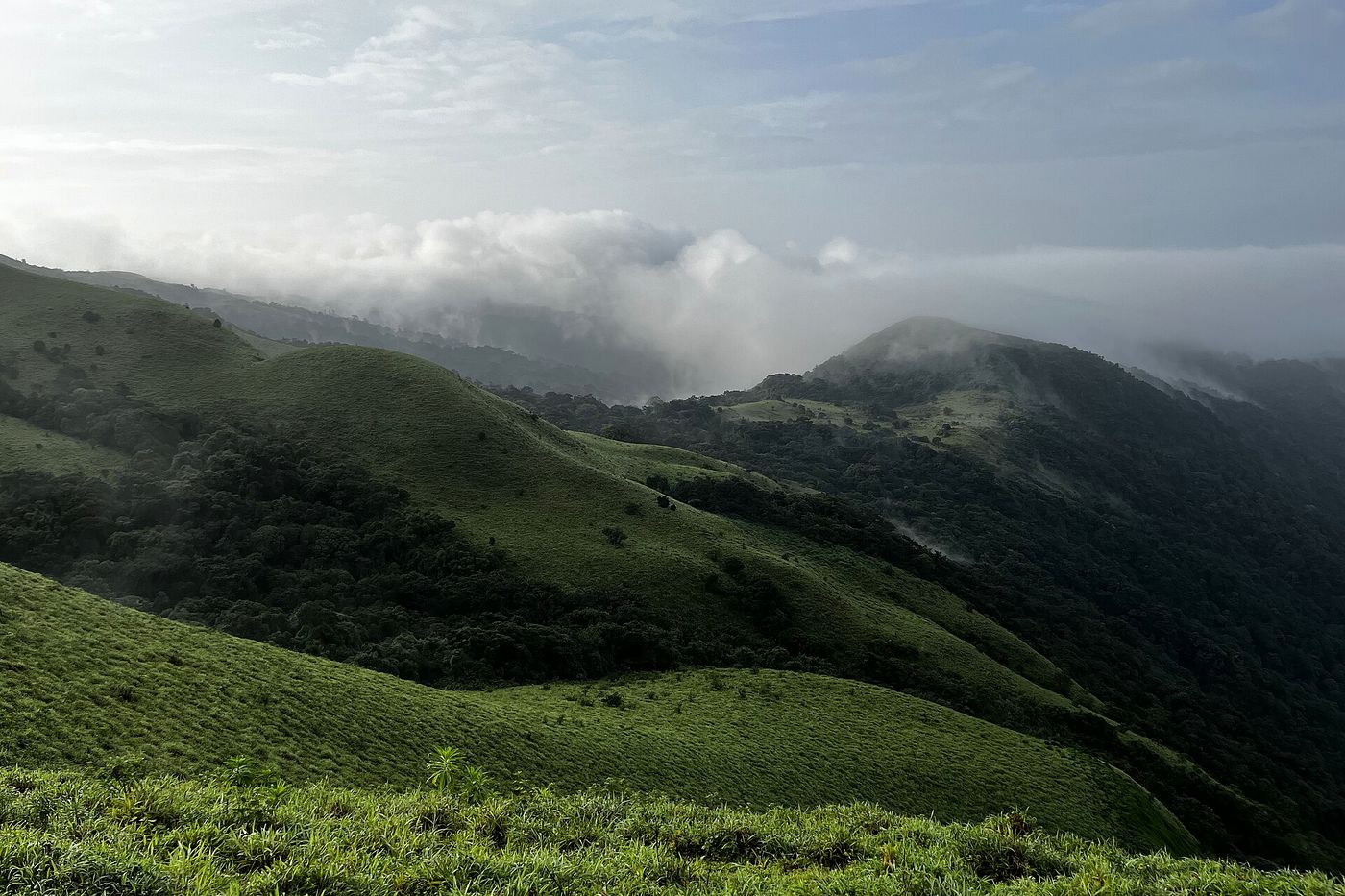 Cloud rolling over the green ridges at Mandalpatti viewpoint